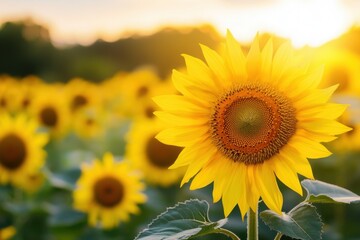 Fototapeta premium Sunflower field landscape with golden hour lighting and negative space