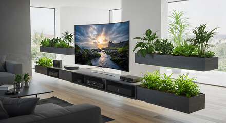 Modern Living Room with Floating Entertainment Unit and Integrated Planters