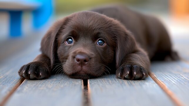 Chocolate labrador puppy on deck