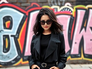 A fashionably dressed young woman with a confident pose and bright eyes, against a backdrop of bold street art. The modern flat design is rendered in a pure black color palette, with deep shadows and 