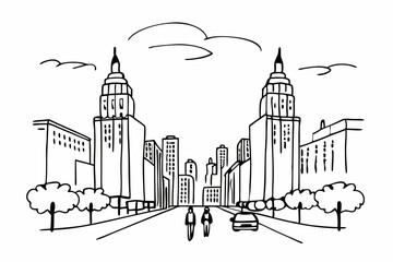 Obraz premium City silhouette land scape. City landscape. Downtown landscape with high skyscrapers. Panorama architecture Goverment buildings illustration. Urban life