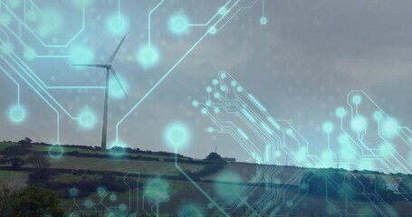 Wind turbine in countryside with digital network connections animation overlay - Powered by Adobe