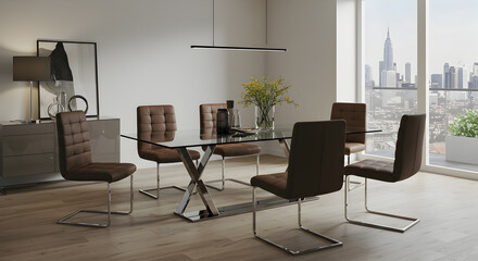 Elegant Contemporary Dining Room With City View In Neutral Tones Design