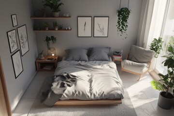 Sunlit minimalist bedroom with plants, grey bedding, and wooden furniture.