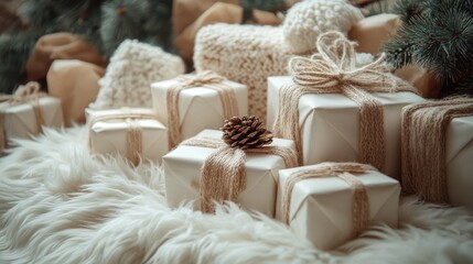 many gifts on white fake fur background vertica,illustration