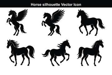 Fototapeta premium A black vector set features running horse silhouettes, a wild animal illustration collection.