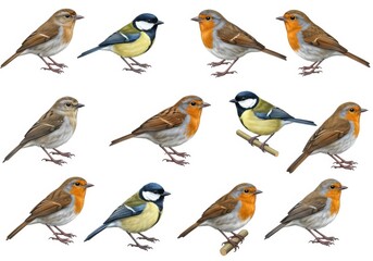 Colorful garden birds diverse species