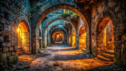 Obraz premium Ancient Archway Urban Exploration Photography: Mysterious Stone Passage, Decaying Ruins, Dark Urban Exploration