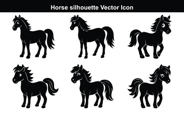 A black vector set features running horse silhouettes, a wild animal illustration collection.