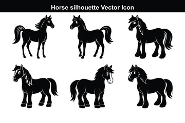 A black vector set features running horse silhouettes, a wild animal illustration collection.