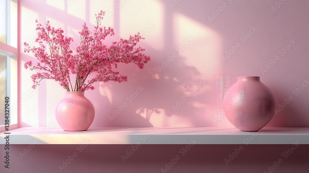 Poster modern pastel pink shelf display or frame with minimal style on white wall background blank product 