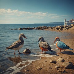 Low-poly art of birds by the seaside.