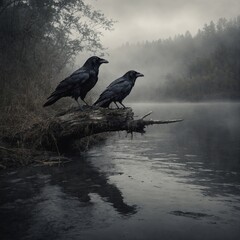 A charcoal sketch of a raven at a foggy river.