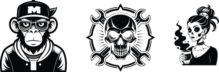 Edgy Skull and Monkey Illustration &ndash; Dark Art, Tattoo, Streetwear Design