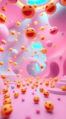 Fototapeta premium Happy emojis rain, vibrant pink space