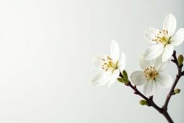 Delicate white blossoms against pure white backdrop, minimal, gentle