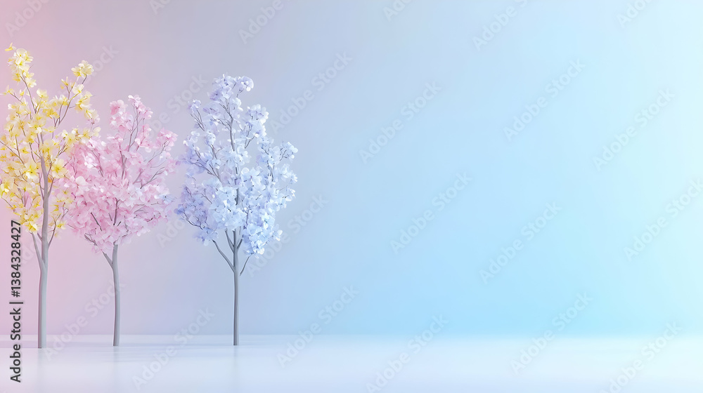 Poster three abstract trees with colorful pixelated foliage on a white surface against a gradient blue and 