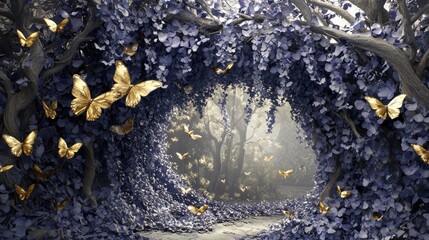 Golden Butterflies, Misty Forest Pathway