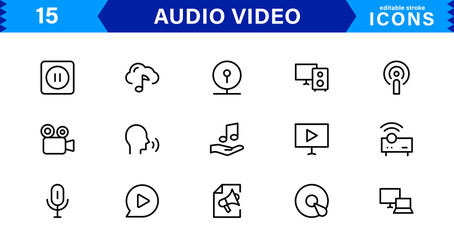 Fototapeta premium Explore Our Audio Video Icons Collection for Creative Projects. This Set Features Multimedia, Sound, and Video Symbols Perfect for UI and Web Design.