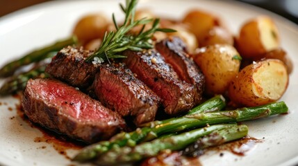 Gourmet Seared Steak Dinner with Roasted Potatoes and Asparagus