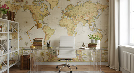 Stylish Home Office Setup with Vintage Map Wallpaper and Acrylic Desk