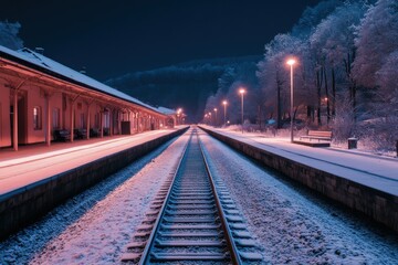 Fototapeta premium Train station in infrared with glowing lights and long exposure