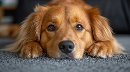 Fototapeta premium pet dog at home lying on carpet indoor room with no people,stock photo