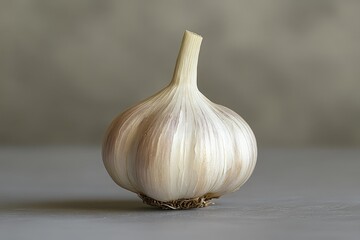 A single bulb of garlic displayed against a neutral background