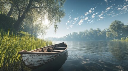 Obraz premium Wooden Rowboat on Misty Riverbank