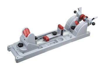 A gun maintenance vise equipped with adjustable features and durable supports, presented on a crisp white surface.