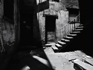 Obraz premium Urban alleyway infrared photography with dramatic shadows and gritty textures