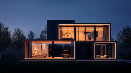 Modern House Exterior At Night With Warm Lighting