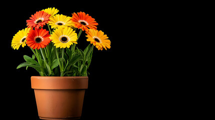 Fototapeta premium Colorful Gerbera Flowers In Terracotta Pot