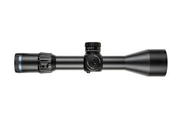 A sturdy black firearm scope with high-quality optics and adjustable controls, presented on a white...