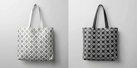 Black and White Tote Bag Mockup Set, Aerial Photography, Front View, Gray Background