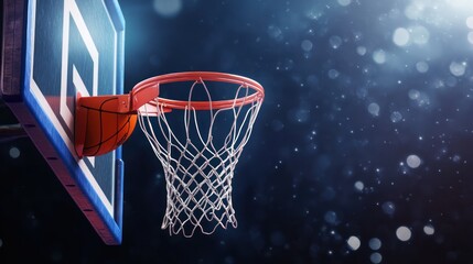 An abstract, dynamic rendering of a basketball passing through a hoop in the shadows