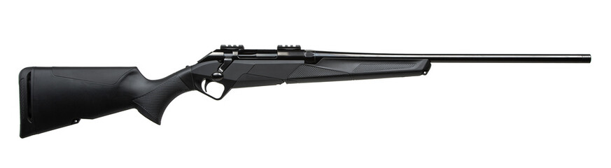 A sleek black bolt-action hunting rifle with a synthetic stock, showcased on a clean white...