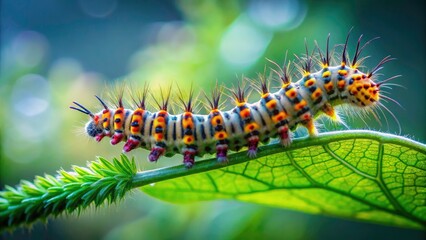 Fototapeta premium Captivating Long Exposure of a Caterpillar Resting on a Leaf - Nature Photography, Macro Shot, Wildlife, Insect Close-up, Botanical, Serene, Outdoor, Greenery, Detailed Texture, Natural Habitat