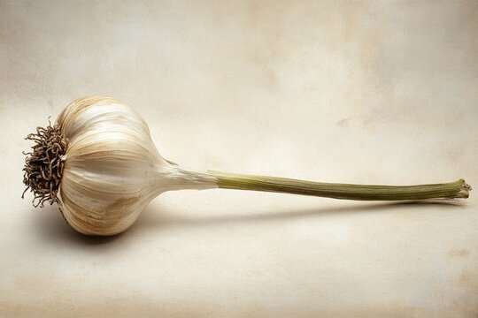 A single bulb of garlic displayed against a textured background