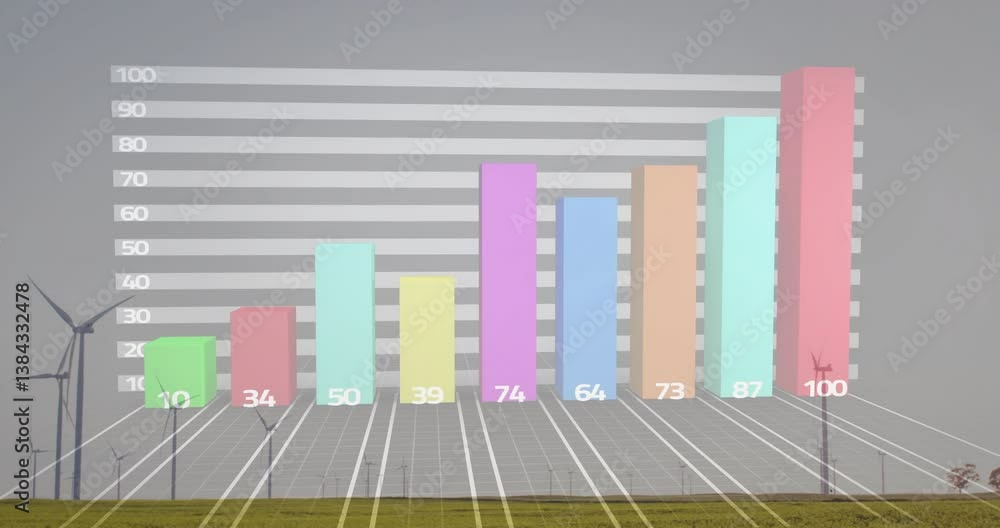 Poster bar graph animation over wind turbines in green field, illustrating data growth