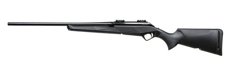 A modern bolt-action rifle with a durable synthetic stock, displayed on a bright white backdrop.