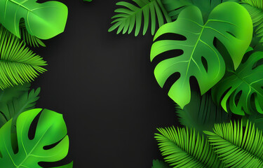 Lush green monstera and palm leaves create vibrant frame against dark background, evoking sense of tropical tranquility and natural beauty