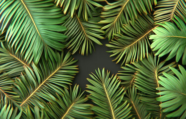Lush green palm leaves create vibrant frame against dark background, evoking sense of tropical paradise and natural beauty. intricate details of leaves enhance overall aesthetic appeal