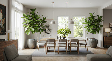 Elegant Dining Room Ambiance with Fiddle Leaf Figs Interior Decor