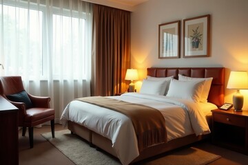 Serene Hotel Room with Luxurious Bedding and Warm Lighting, Featuring a Comfortable Chair and Subtle Decor