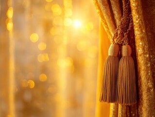 Fototapeta premium Velvet curtains and tassels with golden hour glow with space for text below