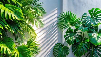 Fototapeta premium Bright White Wall Tropical Leaves Sunlight Shadows Spring Summer Background Architectural Photography