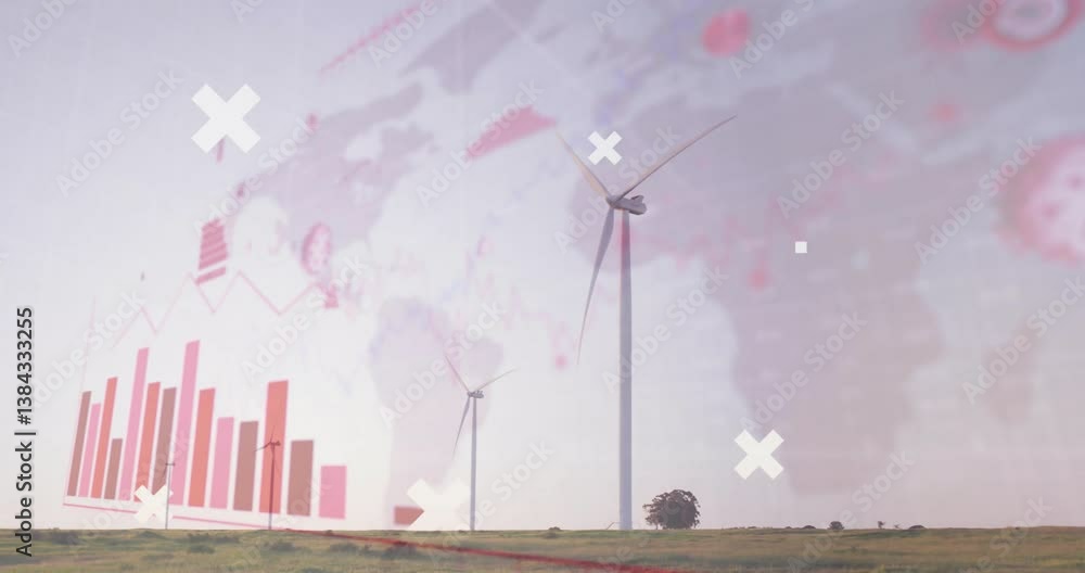 Poster on grassy field, animation of wind turbines with data charts and world map overlay