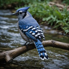 A blue jay perched beside a rippling stream.