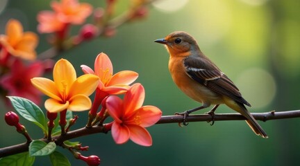Obraz premium A small bird perches delicately on a slender branch amidst a vibrant display of blossoming flowers, creating a picturesque scene of natural beauty.